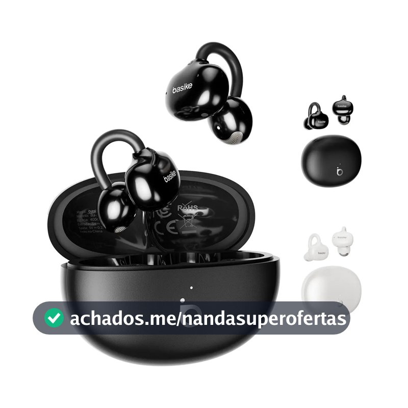 Basike Fone de Ouvido Sem Fio Ear-Clip Ba-FON349 Bluetooth 6.0 , Cancelamento de Ruídos, Estéreo, Bateria 30H, IPX5 Á Prova de Água, Ergonômico e Confortável, Música e Ligações