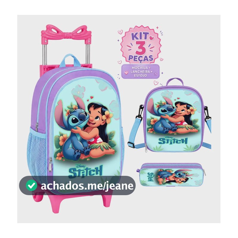 Kit Escolar Rodinha Mochila Stitch Lancheira Termica+estojo Lilás Stitch