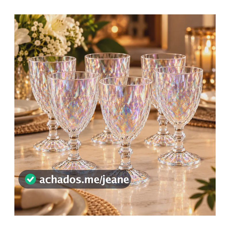 Jogo 6 Taças Diamond Rainbow Vidro Furta-cor 340ml Água