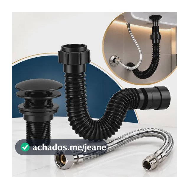 Kit Banheiro Sifão + Valvula Click + Engate 40cm Preto Black Preto