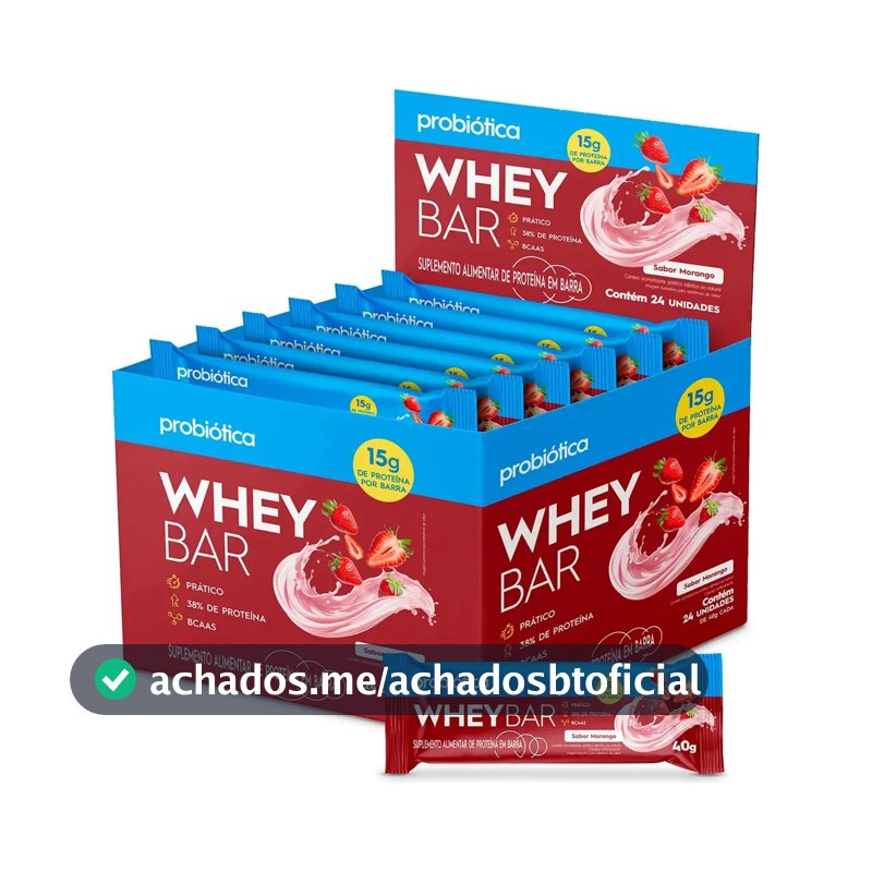 Barra de Proteína 24 Unidades Whey Bar Probiótica Morango Alto Proteico