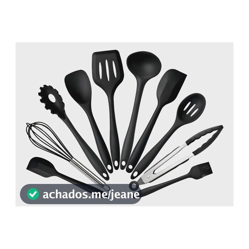Jogo 10 Colheres de Silicone Cabo Inox Utensílios Cozinha Cor Preto