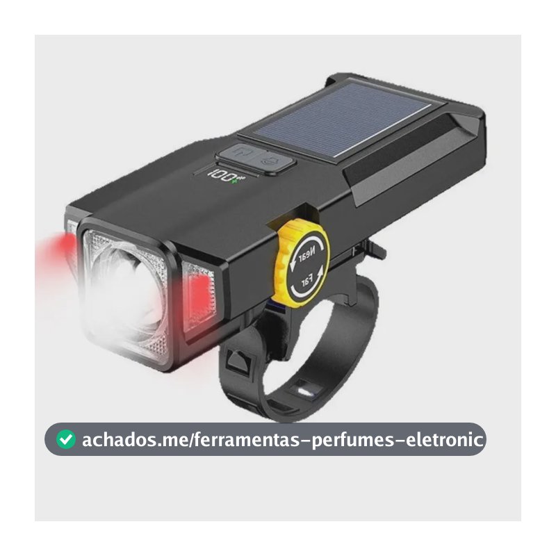 Farol Bike Recarregável Usb Energia Solar Led Alto Brilho Preto