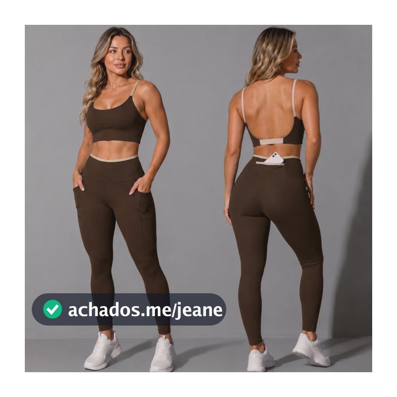 Conjunto Academia Top Calça Legging Fitness Roupa Kit Bolso Marrom/areia Liso G 40/42