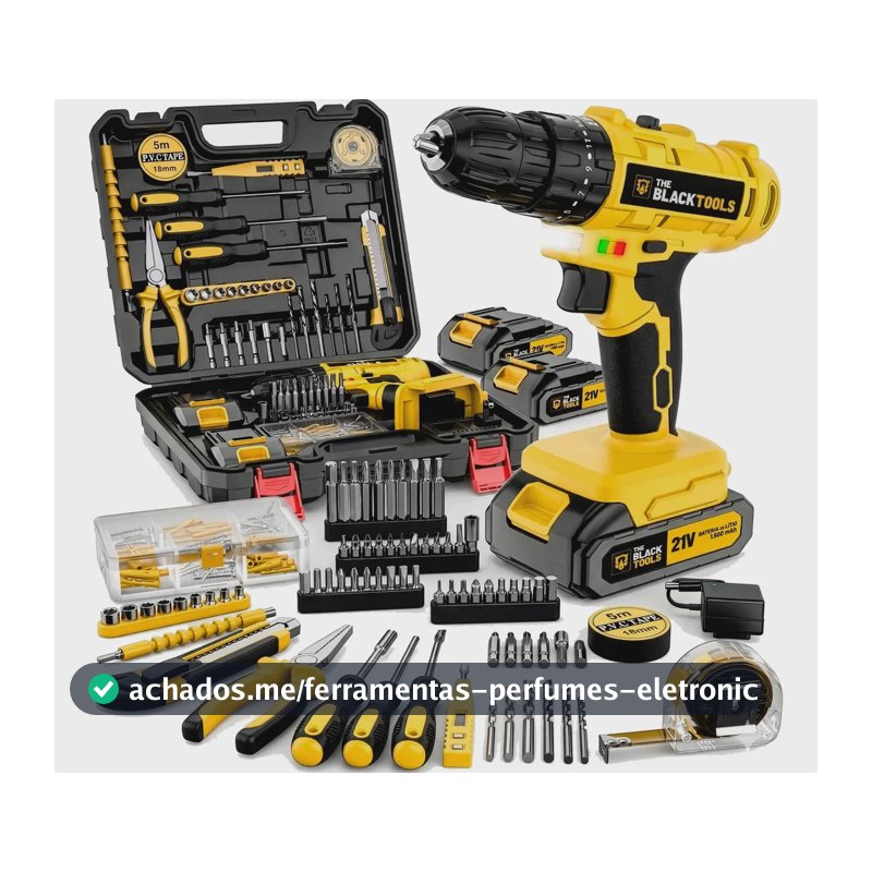 Furadeira Parafusadeira de Impacto The Black Tools TBKIT20 Bivolt 2 Baterias Kit 134 Peças