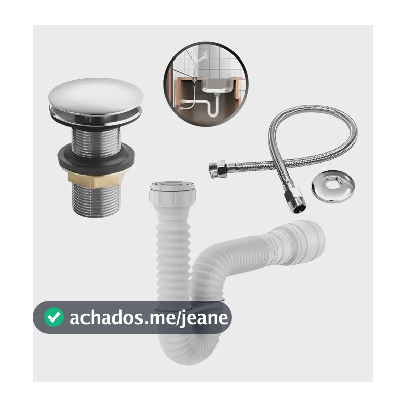 Válvula Click + Engate + Sifão Sanfonado Branco Pia Banheiro Cromado/branco