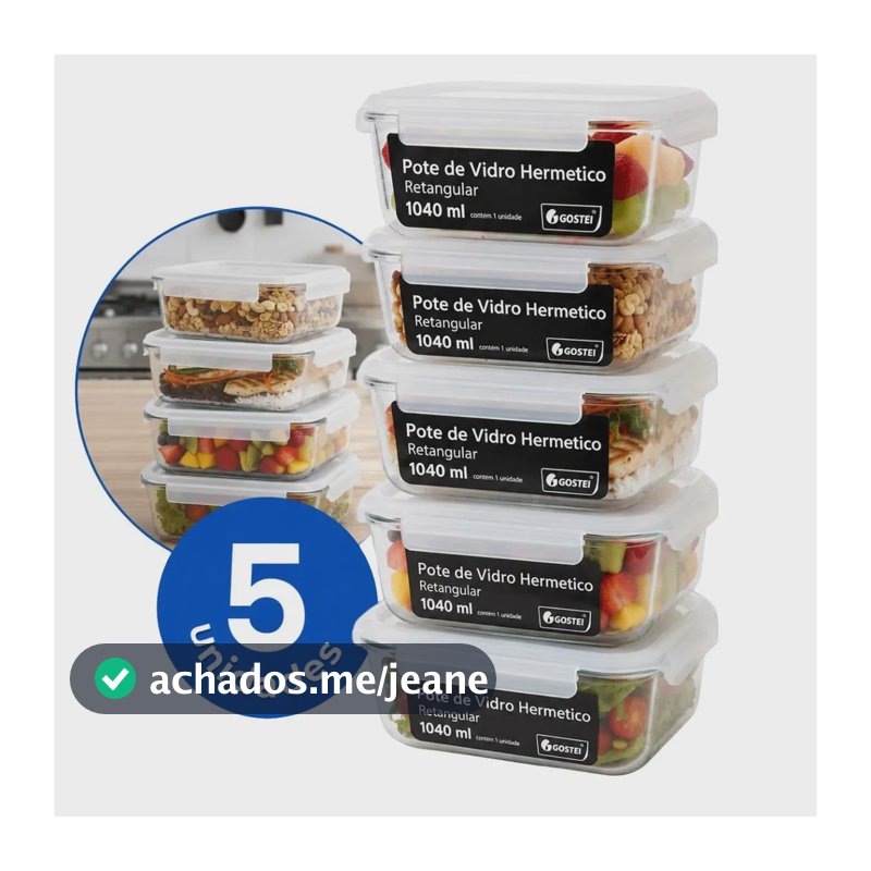 Kit 5 Potes De Vidro Hermético 1040ml Retangular Tampa Trava Vidro Borossilicato