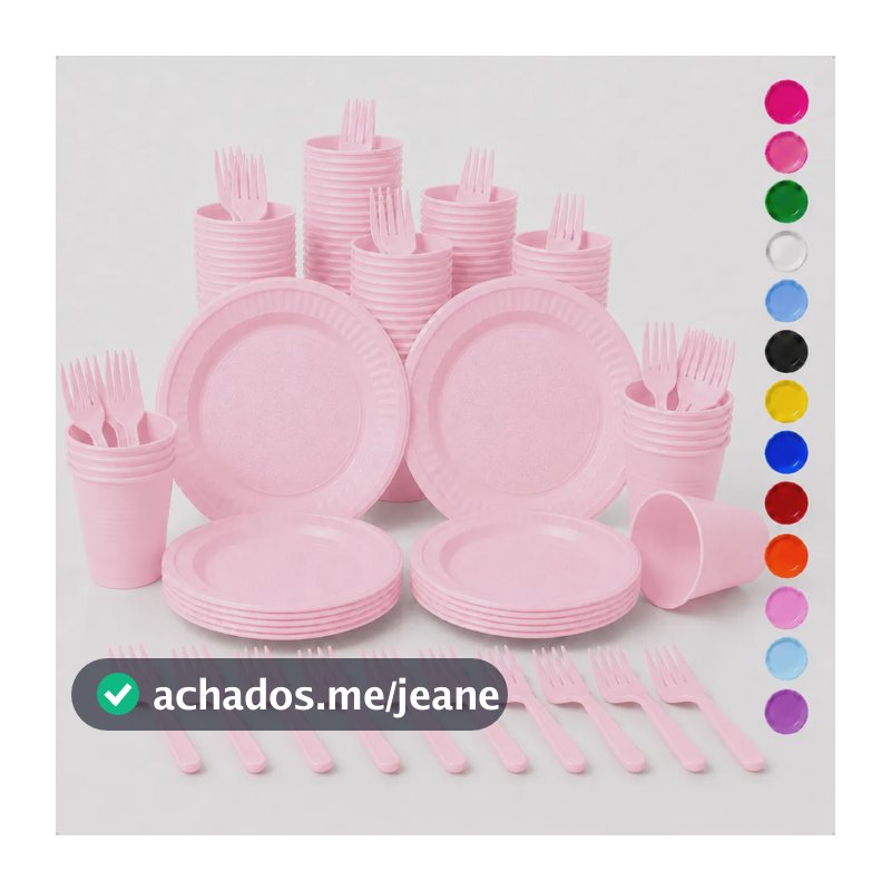 Kit Festa Descartáveis 150 Peças Prato Copo Garfo 50 Pessoas Rosa Candy Liso