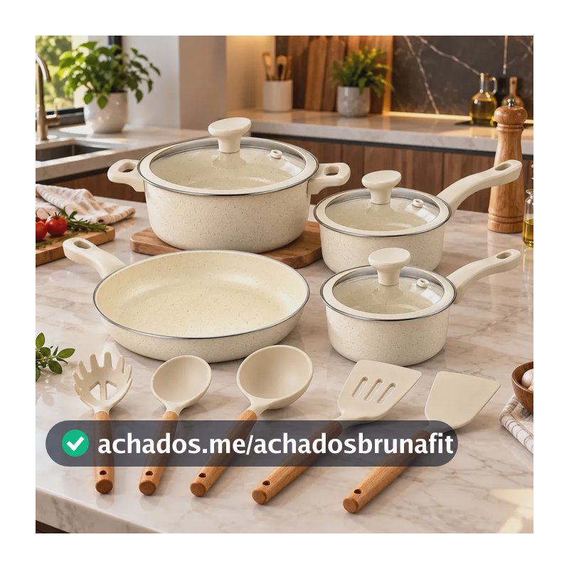 Jogo De Panelas Genebra Cerâmica 12 Pçs Antiaderente Indução Creme
