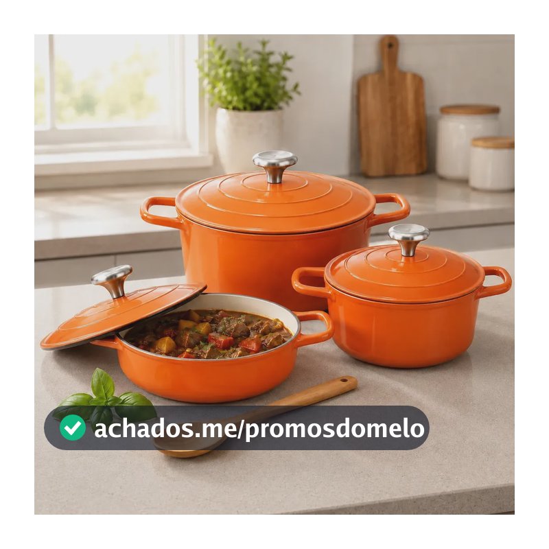 Jogo 3 Panelas Cerâmica Caçarola Antiaderente Aluminio Indução Tampa Laranja