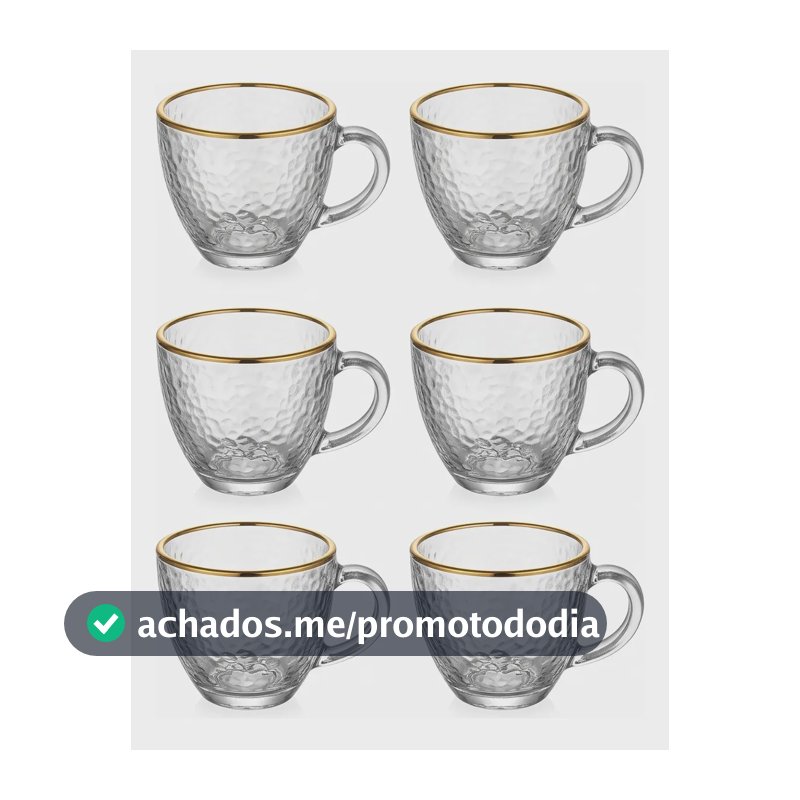 Jogo 6 Xícaras Café Chá 100ml Vidro Borda Dourada Luxo Dourado Martelado