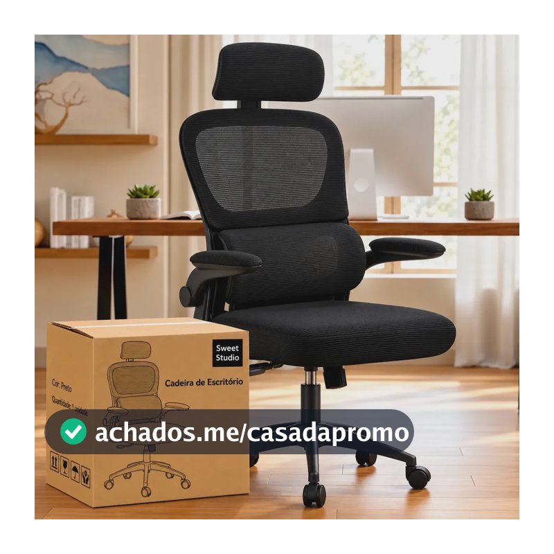 Cadeira de Escritório Sweet Studio Ergonômica Preta, com Apoio de Cabeça e Suporte Lombar
