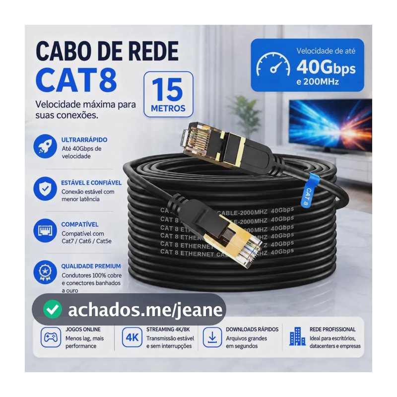 Cabo Ethernet Cat8 Cabo de Rede SSTP Blindado 15m Preto RJ45 Alta Performance 40Gbps 2000Mhz Alta Velocidade para Roteador PC Gamer