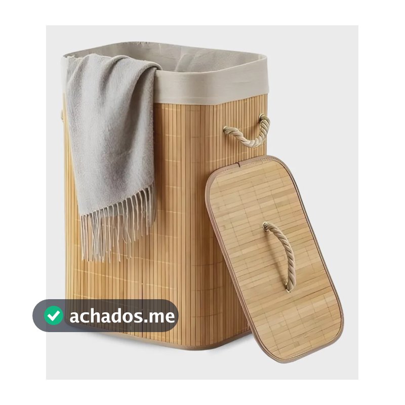 Cesto Roupa Bambu Retangular Dobrável Eps-3903 Com Tampa Alças 60l Bege