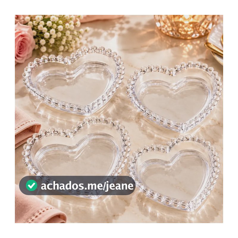Jogo 4 Pratos Coração Cristal Sobremesa Doces Petiscos Wolff Transparente Coração