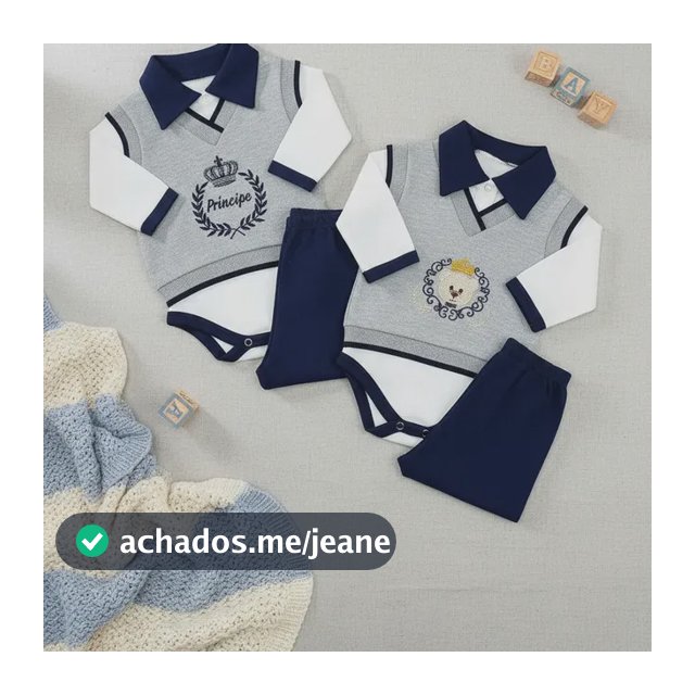 Conjunto Body Bebê Pagão Luxo Rn Menino(a) Bordado 3 Peças Cinza Mescla 0-2 Meses