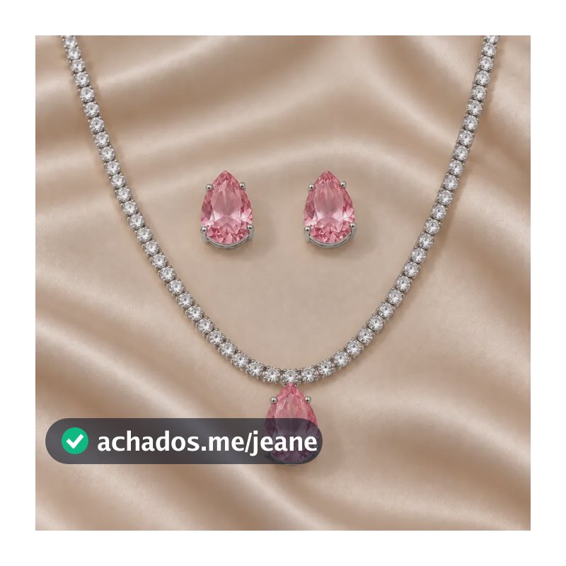 Conjunto Feminino Colar Brinco Prata Gota Rosa Riviera Banhado A Prata 925 Semi Joia Festa Casamento Prata Semi Joia Premium