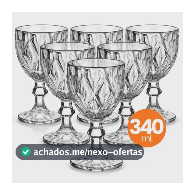 Jogo 6 Taças Vidro Diamond 340ml Conjunto Mesa Posta Água Suco Cozinha Decoração Presente Transparente