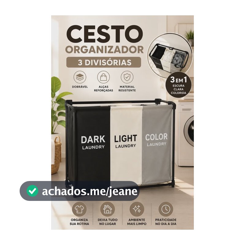 Cesto De Roupas Sujas Dobrável 3 Compartimentos Organizador Preto Triplo