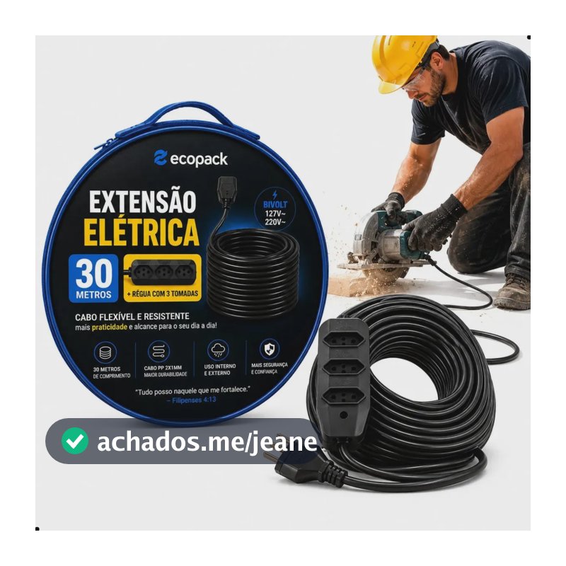 Extensão Elétrica 2x2,5mm de 30 Metros Reforçada 3 Tomadas Bivolt 10a 20a Cabo Resistente Profissional Residencial Obra Oficina Alta Durabilidade