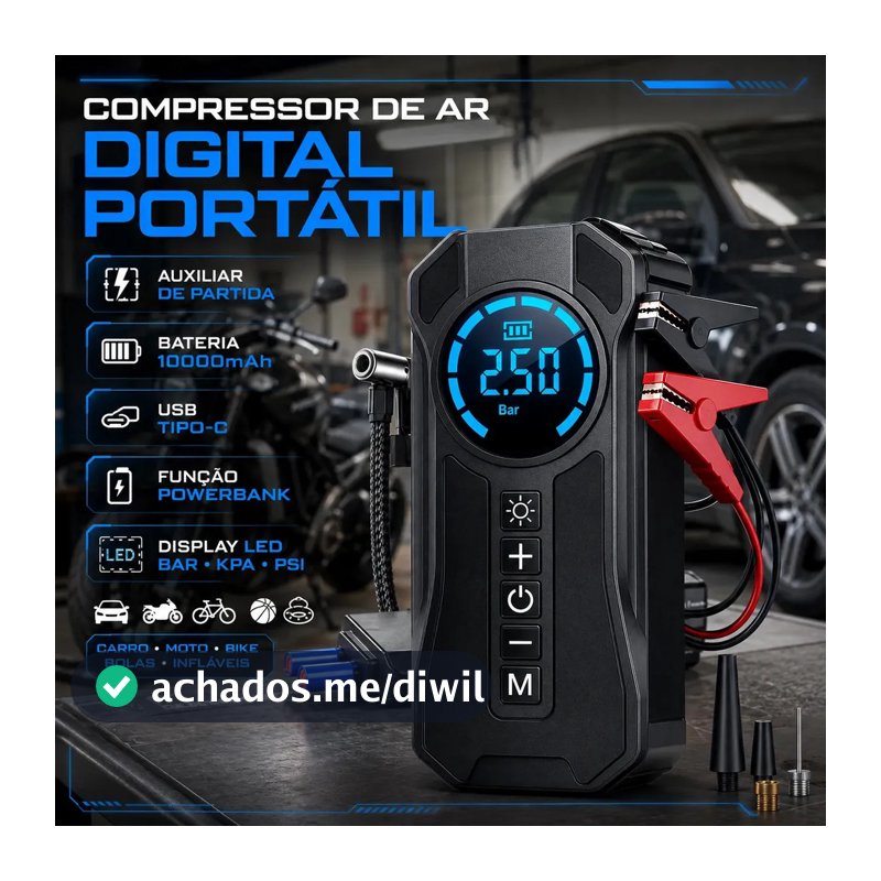 Mini Compressor De Ar Portátil Bateria Emergência Ignição Automotiva Potente Preto Compacto
