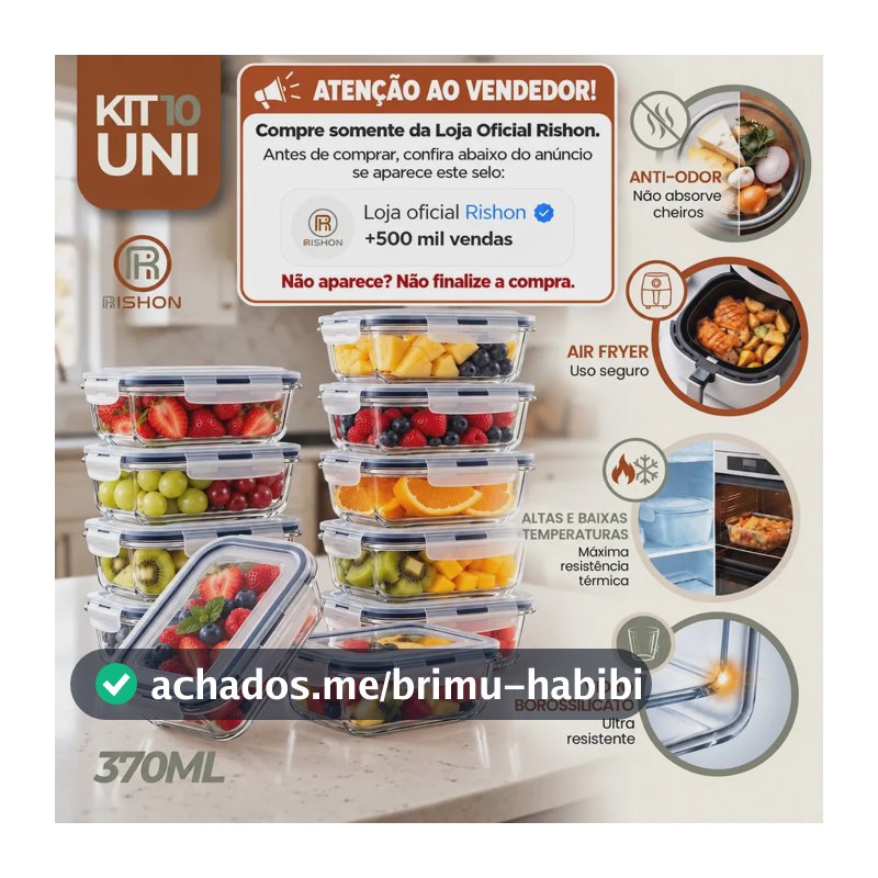 Kit 10 Pote De Vidro Marmita Hermético 370ml Freezer Fitness Rishon
