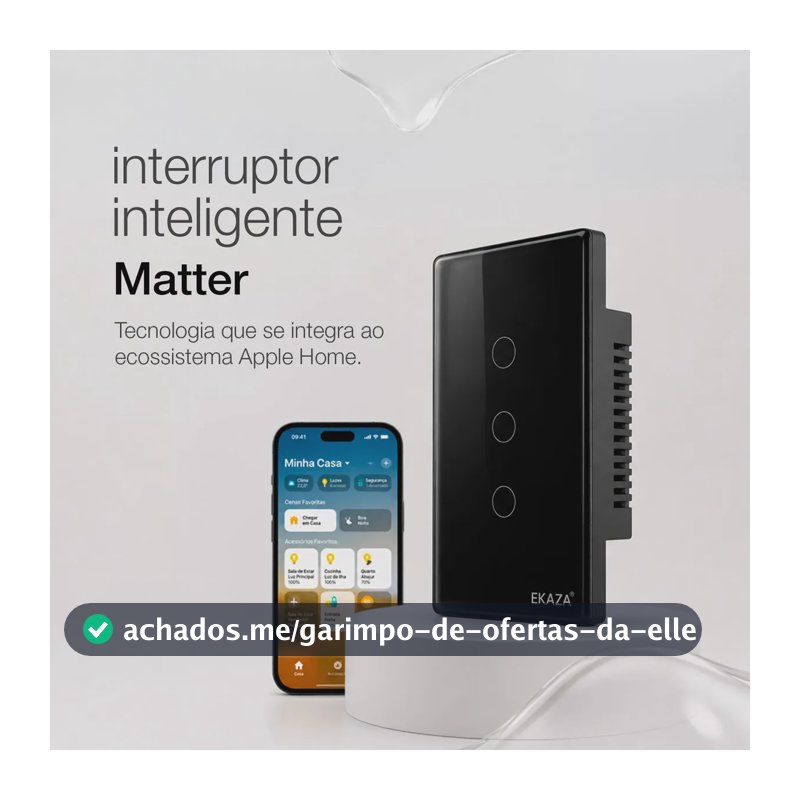 Interruptor Inteligente Matter Compativel Com iPhone Siri Wi-fi 2.4 Ghz Alexa Google Tuya 3 Botões 4x2 Bivolt Preto Ekaza