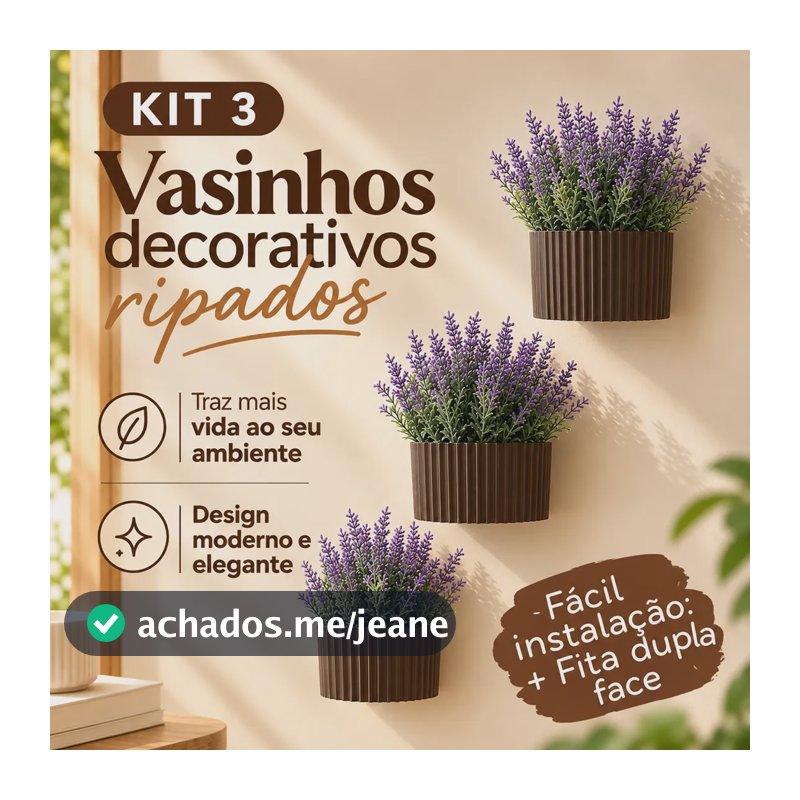 Kit 3 Vasos Parede Decorativo Ripado 10cm Cada Sala Corredor Marrom Ripado