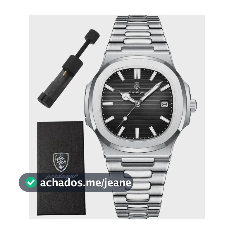Relógio Poedagar De Luxo Aço Com Caixa E Ajuste De Pulseira Prateado Preto