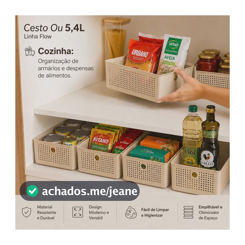 Cesto Organizador Flow 5 Litros Bege OU CFW300BGF - Para Roupas Produtos de Limpeza Alimentos Cozinha Brinquedos Papel Higiênico Armário Prateleira Quarto Closet