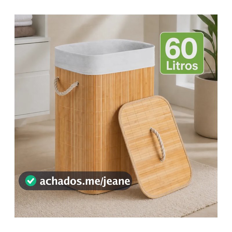 Cesto de Roupa Suja de Bambu 60 Litros Dobrável com Tampa e Forro para Lavanderia