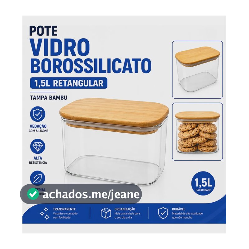 Pote Vidro Borossilicato Retangular 1,5 L Grande Com Tampa Bambu