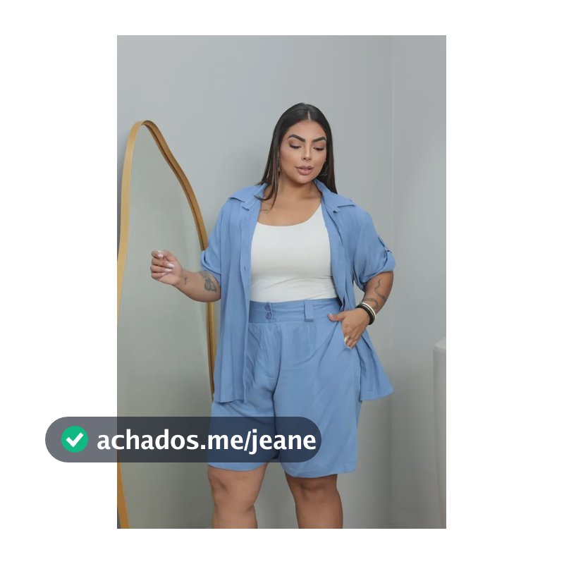 Conjunto Feminino Plus Size Camisa Solta Shorts Cintura Alta Azul Liso 50/52