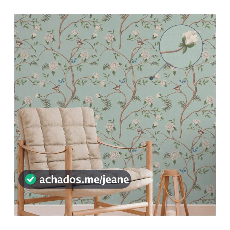 Papel De Parede Adesivo Flores E Pássaros Verdes Lavável 3m Cinza