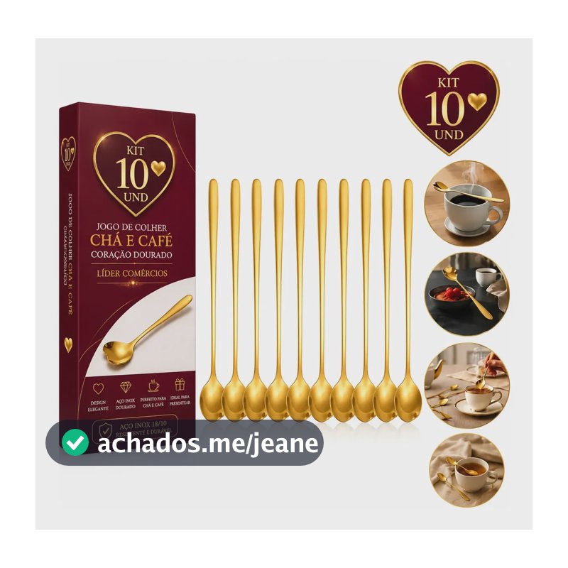 Kit 10 Colheres Aço Inox Douradas Heart Coração 13cm Classic Dourado