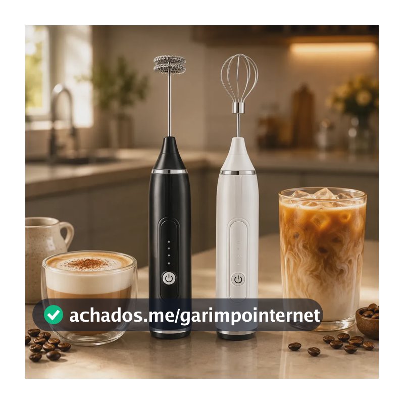 Mini Batedor Misturador Elétrico Recarregável USB, com 3 Velocidades e 2 Batedores em Aço Inox