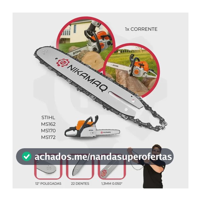Kit Sabre Saibro Barra Facão + Corrente 22 Dentes Para Motosserra Stihl Ms162 170 172 180 182 210 212 230 250 E 250 12"Polegadas Nikamaq