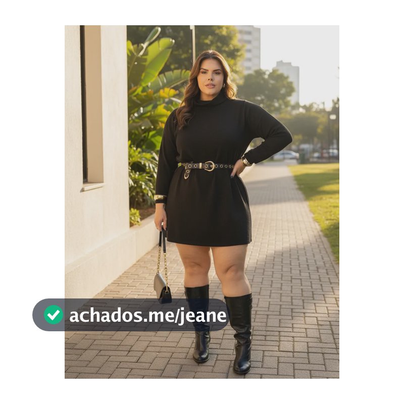 Vestido Gola Alta Manga Longa Plus Size Lanzinha  Premium Preto Liso 48-50