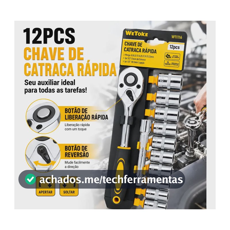 Kit Chave Catraca Soquetes Reversível 1/2 12 Peças Aço Cr-v Amarelo
