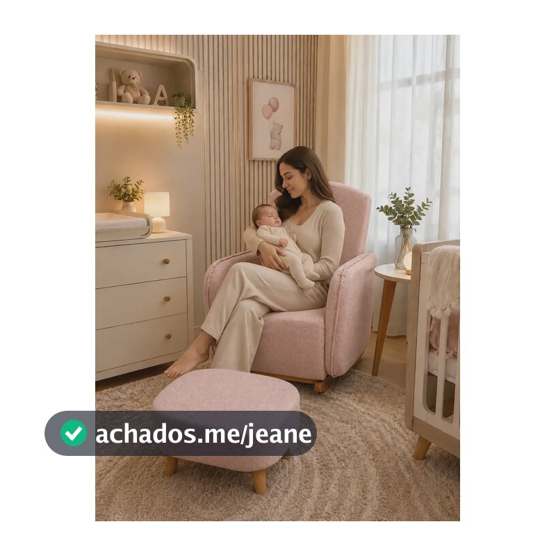 Poltrona Amamentação De Balanço Com Puff Boucle Luxo Premium Rose