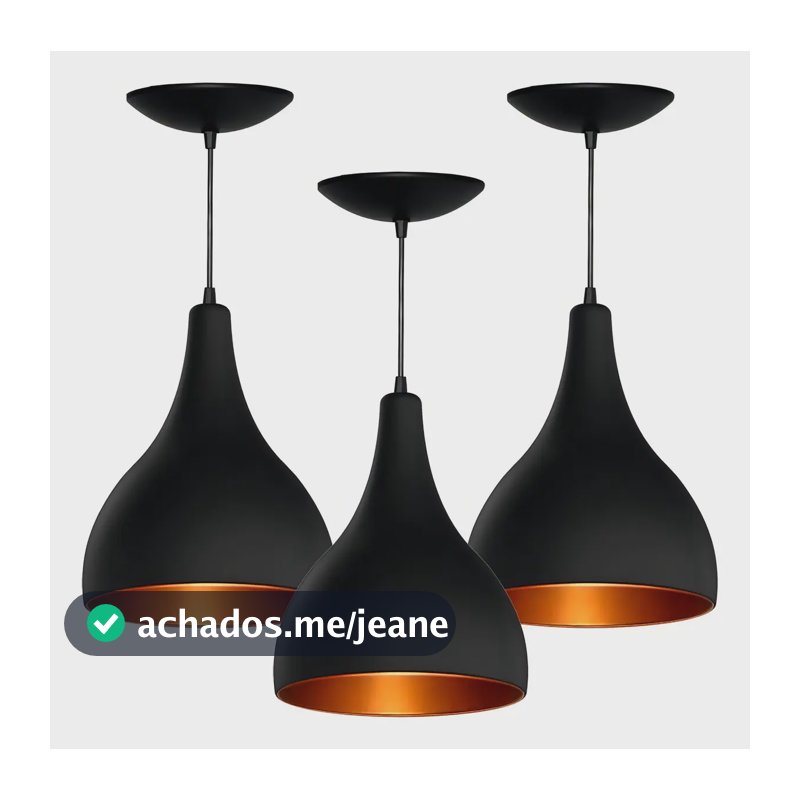 Kit 3 Pendente Gotinha Luminária De Teto Cozinha, Balcão Estrutura Preto Com Cobre