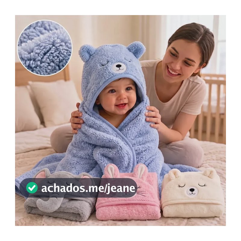 Toalha De Banho Bebê Infantil Com Capuz Grande Forrada Macia Azul