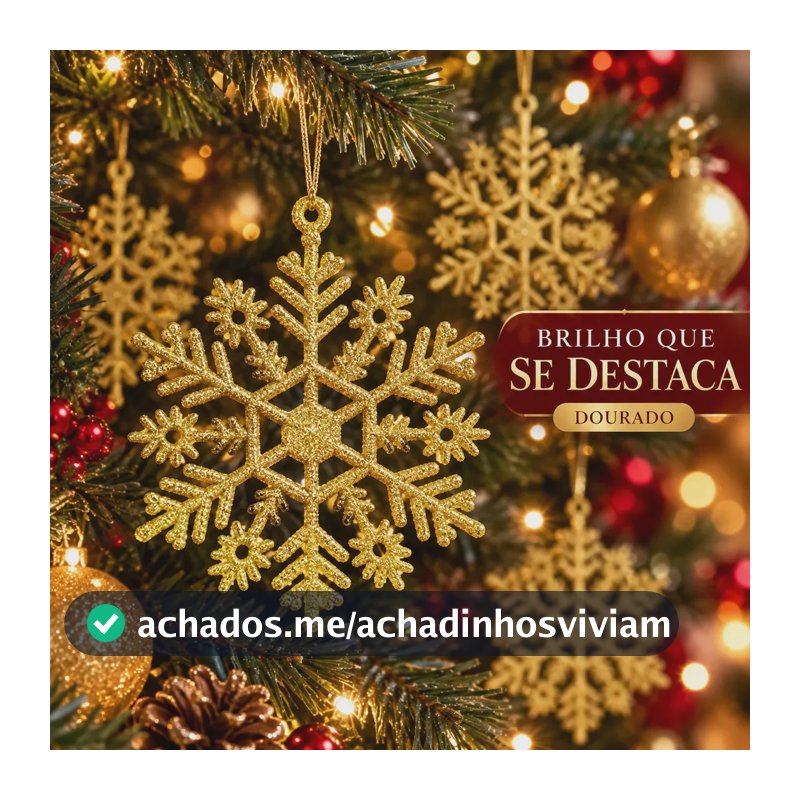 Flocos De Neve 10 Pingentes Grande C/ Glitter Decoração Enfeite Árvore Natal Luvinco Dourado