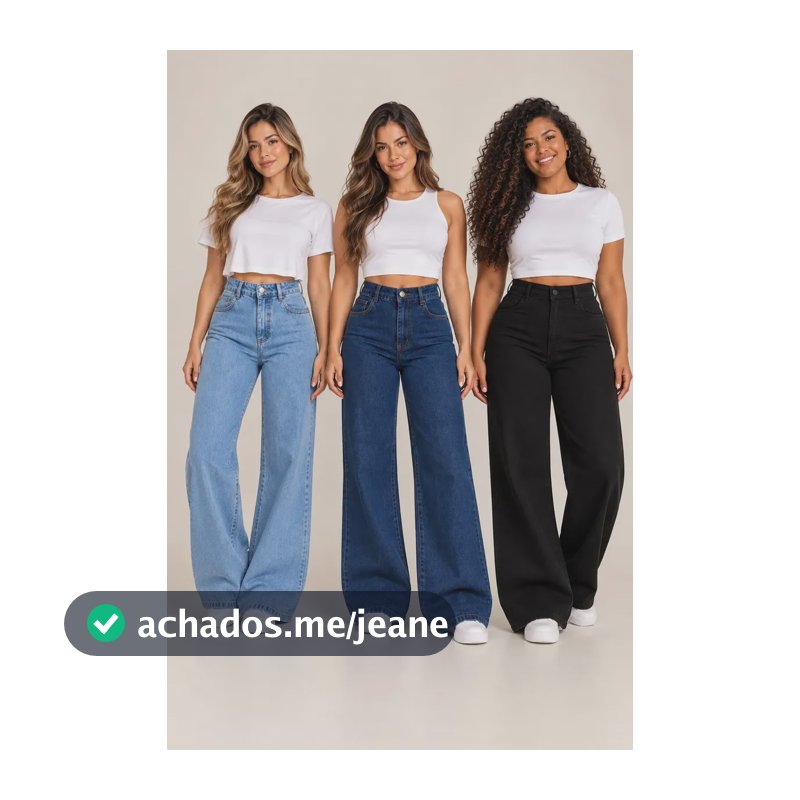 Calça Jeans Wide Leg Pantalona Cintura Alta Kit 3 Peças Reta Preta/ Azul/ Marmorizado 34