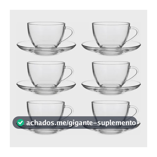 Jogo 6 Xícaras Café Com Pires 12 Peças Vidro 90ml  Transparente Liso