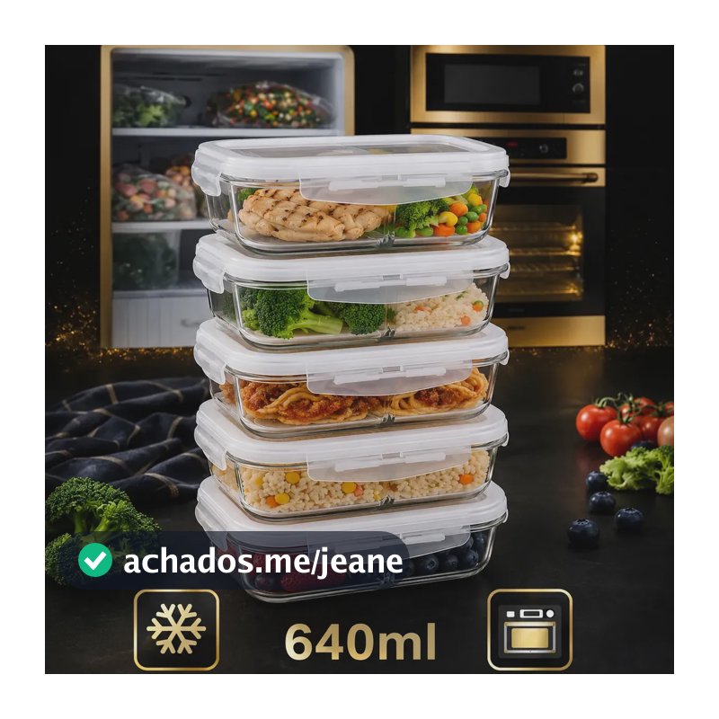 Kit 5 Potes Marmita Vidro Hermético 640ml Free Freezer Microondas Forno Água Resistente e Com Vedação