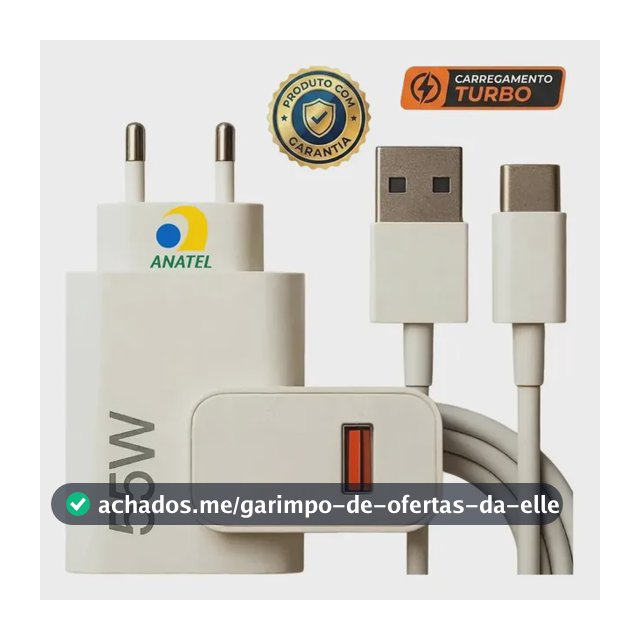 Carregador Turbo 55w USB-C Com Cabo Tipo C 1 Metro Fonte Bivolt 110v/220v, Carregamento Rápido Fast Charge, Ideal Para Celular Android, Compatível Com iPhone Samsung Motorola Xiaomi LG