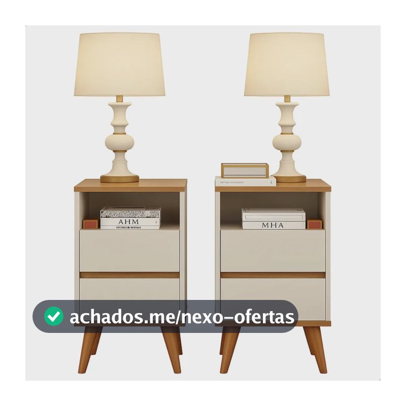 Kit 2 Mesas De Cabeceira Like Pés Palito Retrô Quarto Freijó Brilhante Off White/freijó