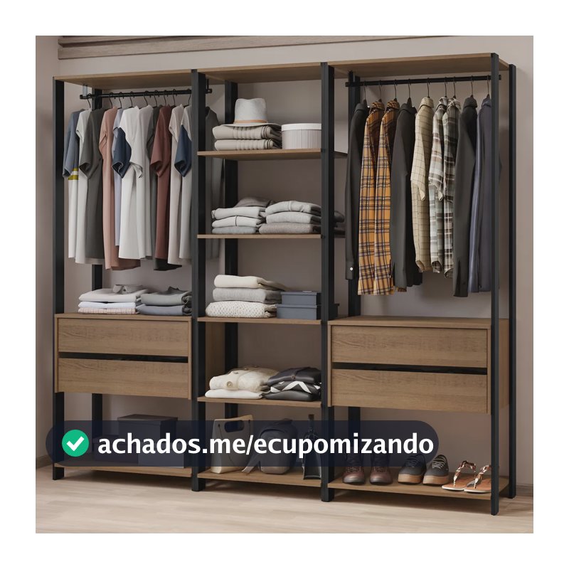 Guarda-roupa Closet Modulado Valencia 199cm Madesa Rp 02 Cor Rustic/Preto MDDR0300027K