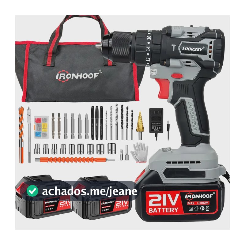 Parafusadeira Furadeira De Impacto Profissional Sem Fio Brushless 2 Baterias 21v